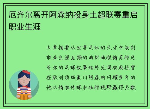 厄齐尔离开阿森纳投身土超联赛重启职业生涯